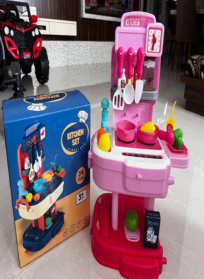 PN AVAN Kitchen Set for Kids 34 Pcs Simulation Portable Kitchen Set for Girls with Realistic Kitchen Suitcase for Kids for 3 Year Old Girls (School Bag Kitchen Set) (Pink) - Image 5